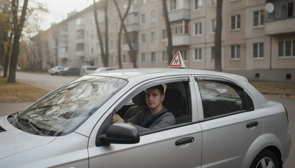 Учень за кермом навчального авто зі знаком Н (ілюстрація)
