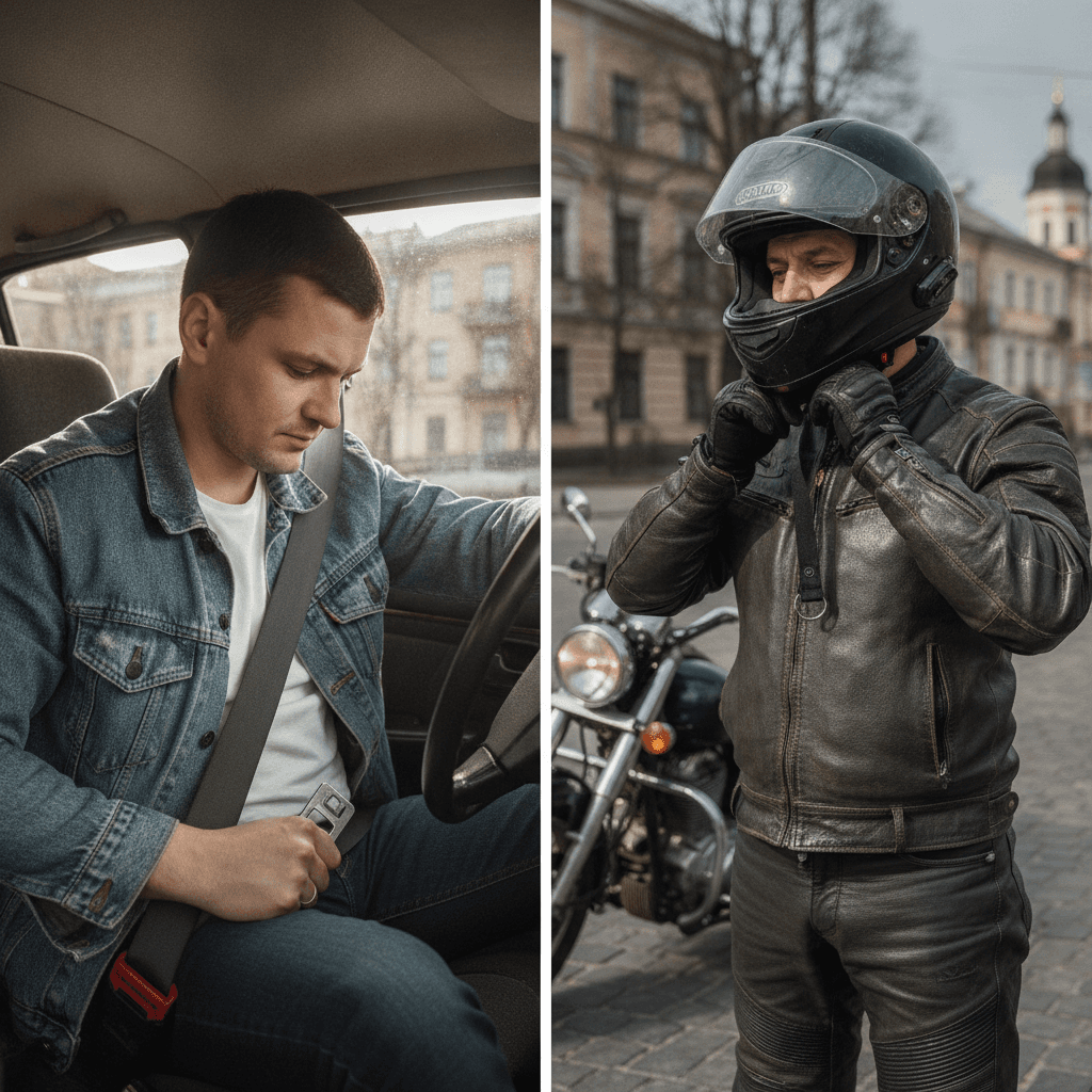 Водій застібає пасок безпеки, мотоцикліст застібає шолом