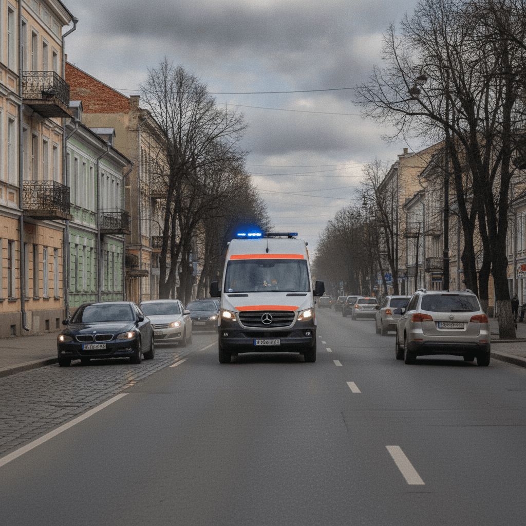 Автомобіль швидкої допомоги з увімкненим синім маяком