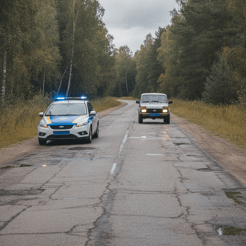 Патрульний автомобіль на узбіччі з увімкненим синім маяком