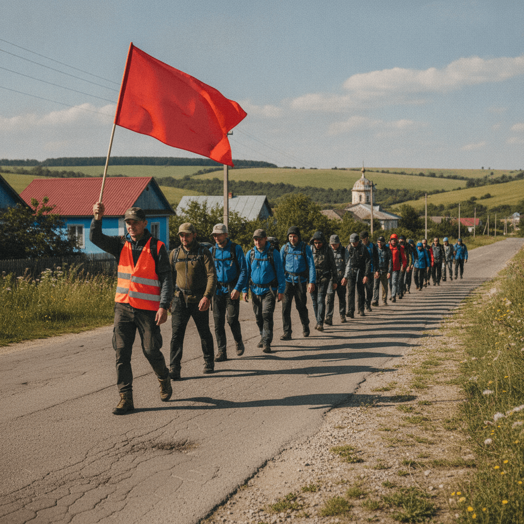 Організована колона пішоходів на дорозі