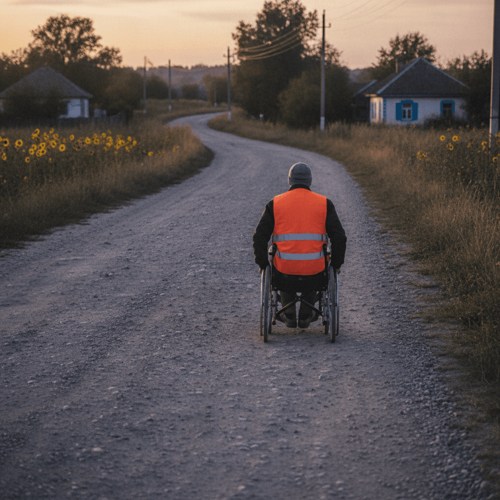 Людина в інвалідному візку рухається узбіччям дороги