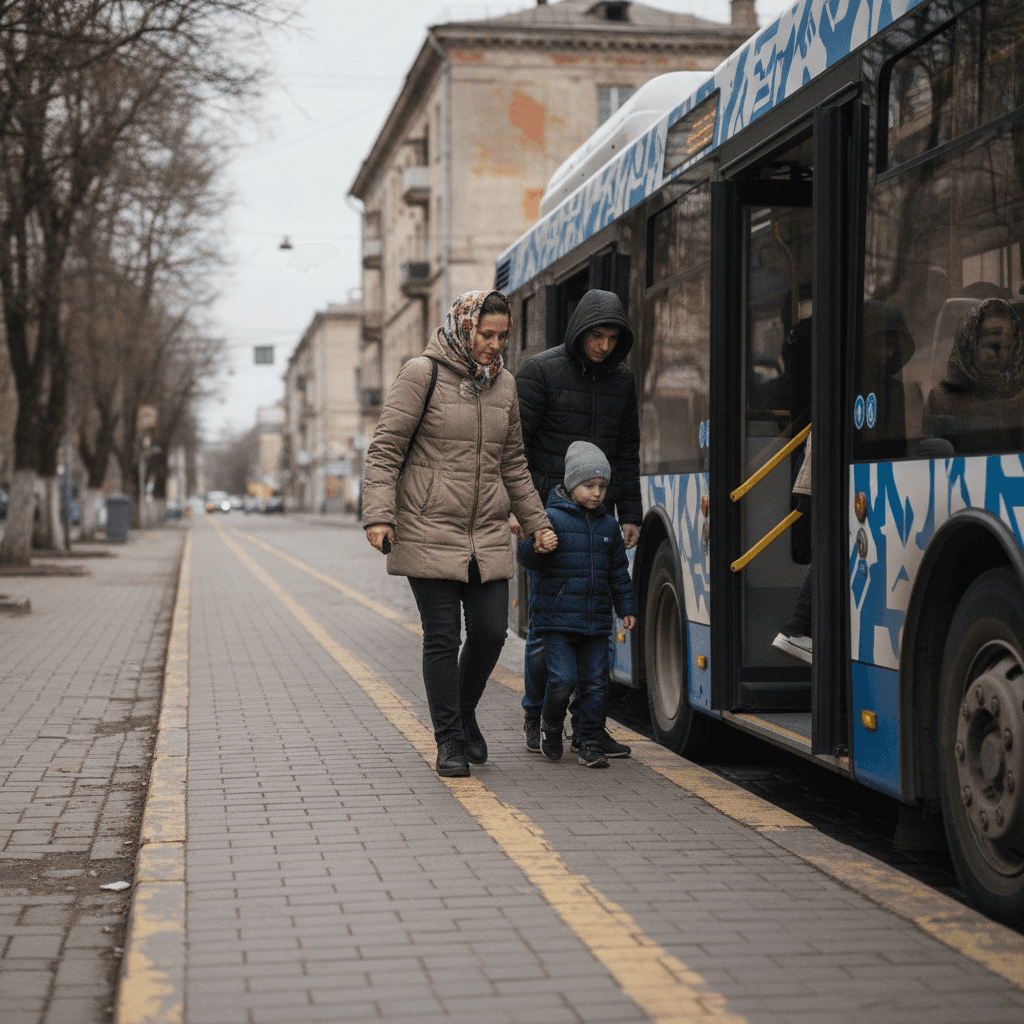 Пасажири заходять в автобус на зупинці