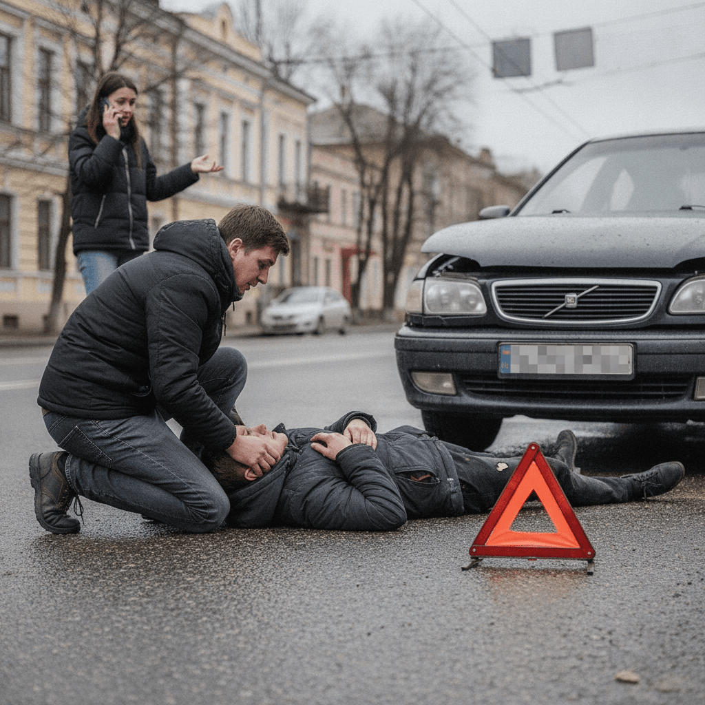 Пасажир надає допомогу потерпілому після дорожньо-транспортної пригоди