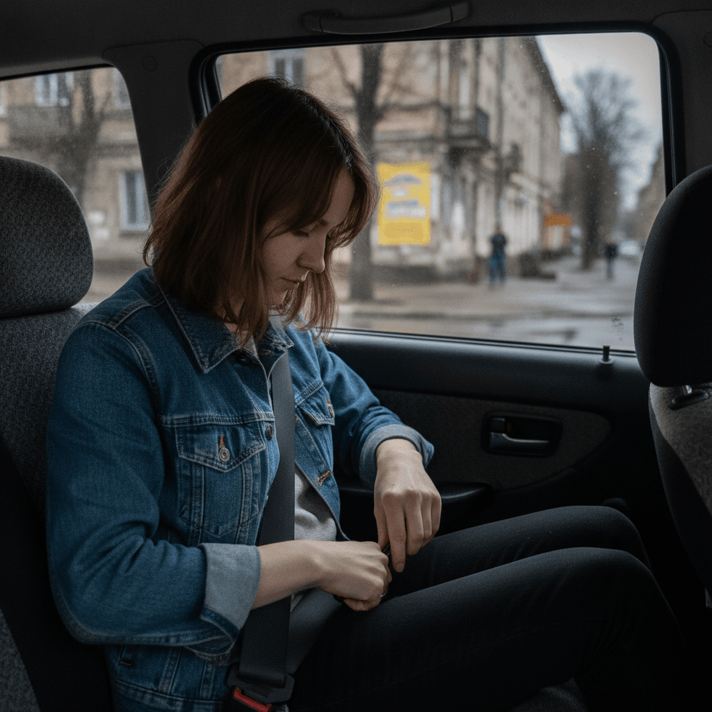Пасажир застібає пасок безпеки на задньому сидінні