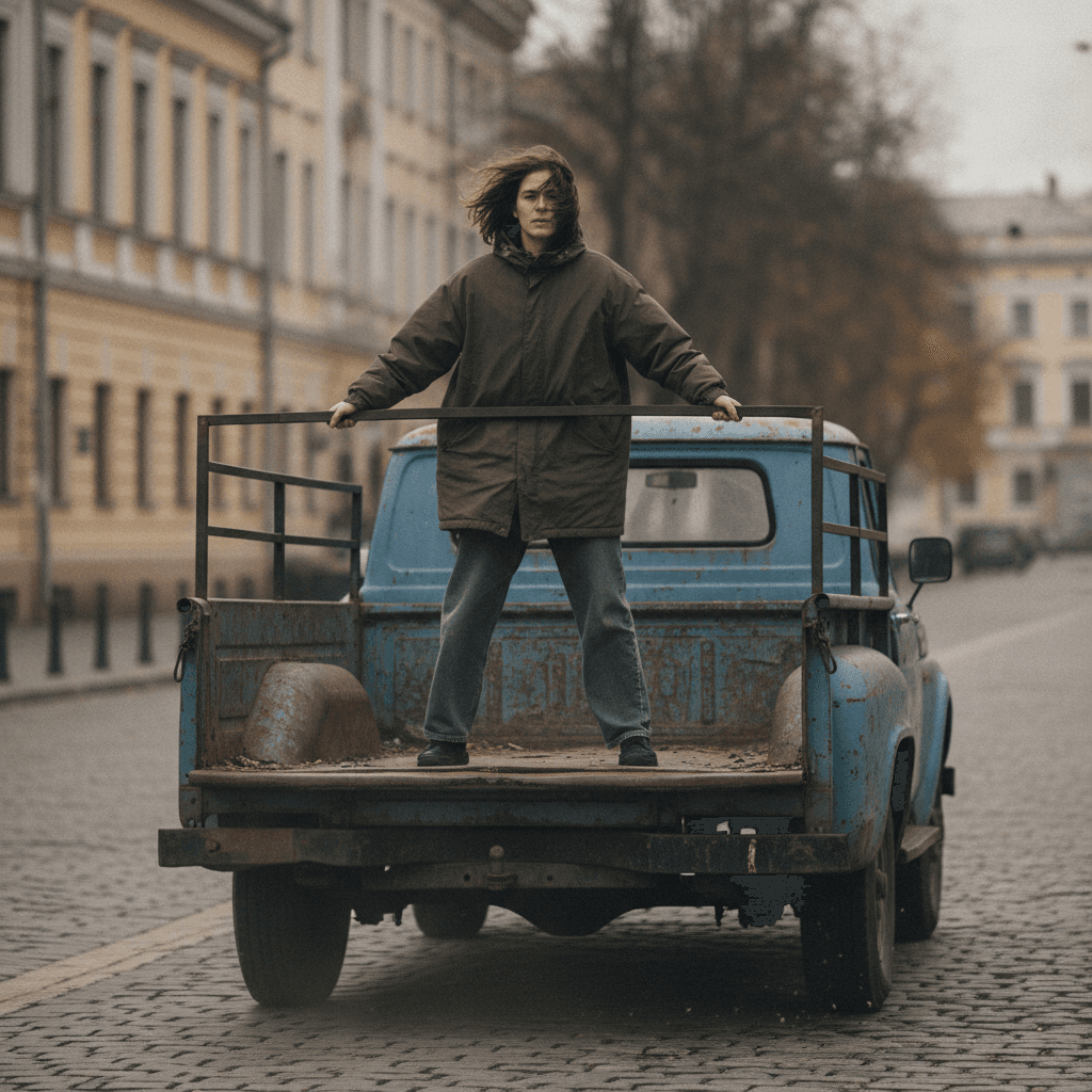 Пасажир стоїть у кузові вантажного автомобіля під час руху