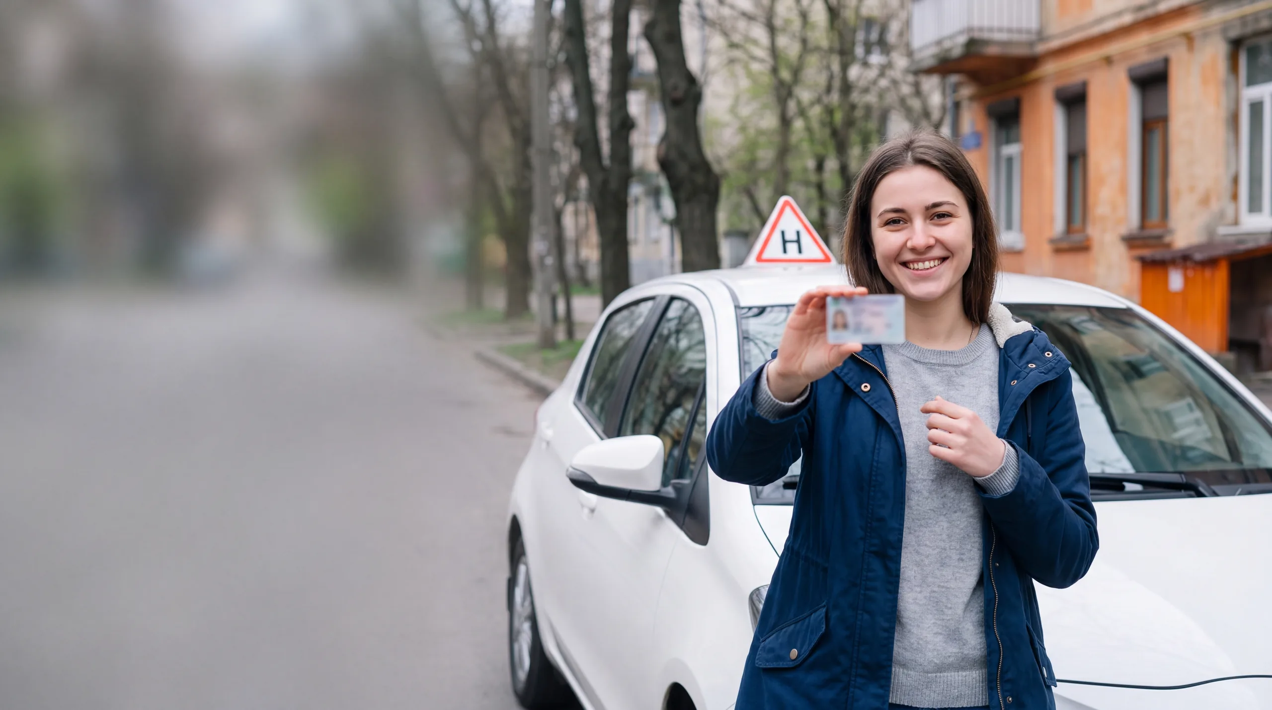 Щаслива дівчина з новим посвідченням водія біля навчального авто